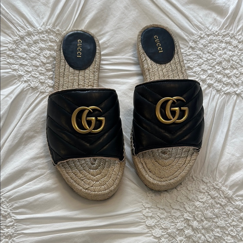 Gucci Nappa Charlotte Nero Espadrille Slides with Black Quilted Leather